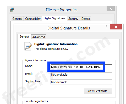 Screenshot of the NewSoftwares.net Inc. SDN. BHD. certificate